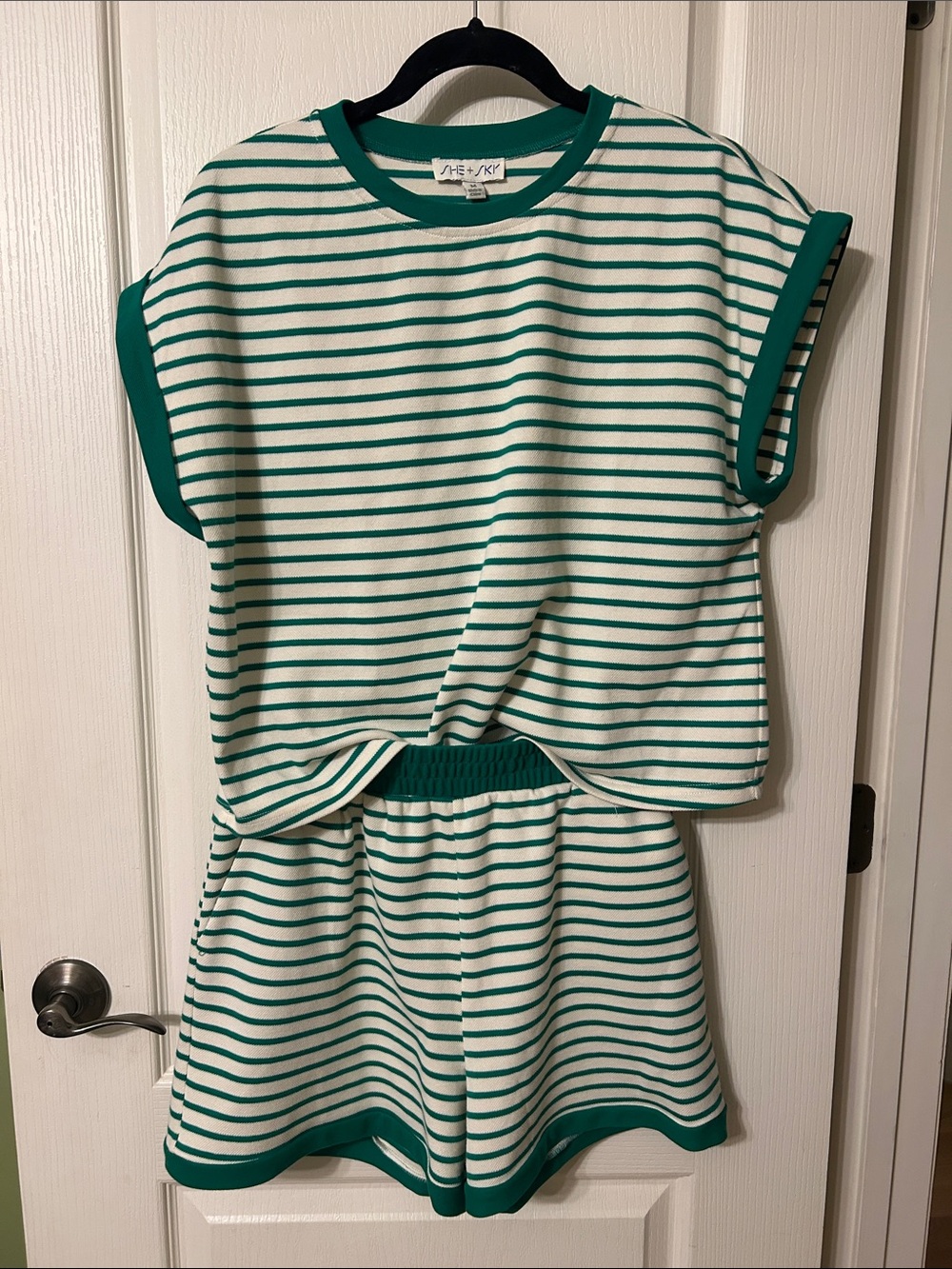 She + Sky Green and White Stripped short set